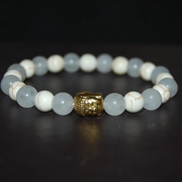 Buddha Bracelet,White Jade Bracelet,Golden Buddha,Elastic Bracelet,Meditation - Picture 3 of 3